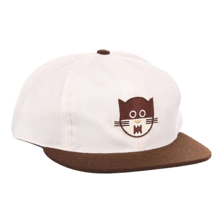 The EFF Chicago Cats Vintage Inspired Ballcap is a genuine wool cap with a white crown, brown brim, and an embroidered cartoon cat face—ideal for fans of playful Chicago ballcap style.