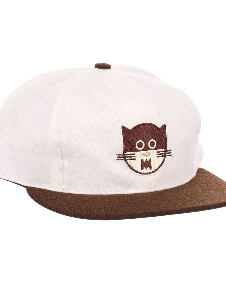The EFF Chicago Cats Vintage Inspired Ballcap is a genuine wool cap with a white crown, brown brim, and an embroidered cartoon cat face—ideal for fans of playful Chicago ballcap style.