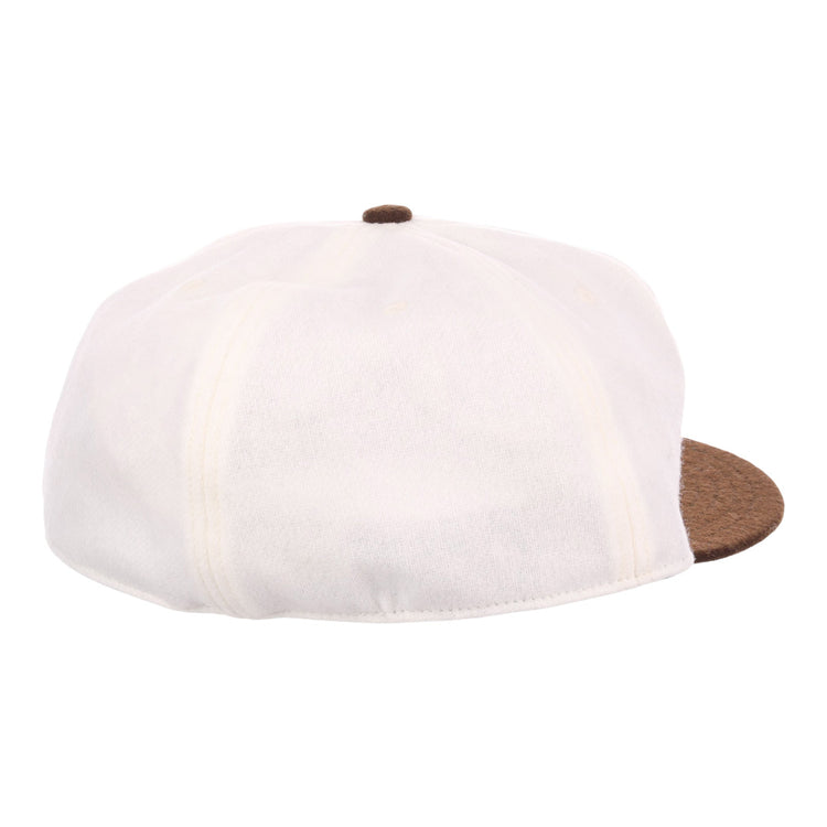 The EFF Chicago Cats Vintage Inspired Ballcap is a white newsboy cap with a brown button and textured brim, shown from a rear side angle on a plain white background.