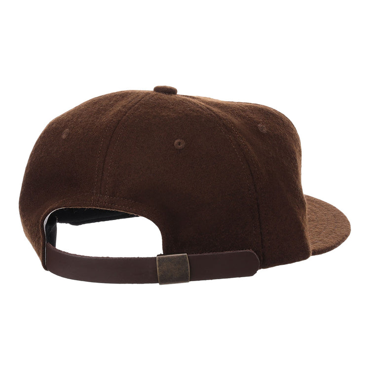 The EFF Salt Lake Bees Vintage Inspired Ballcap in brown features wool fabric and a leather strap with metal buckle for size adjustment, shown from the back.