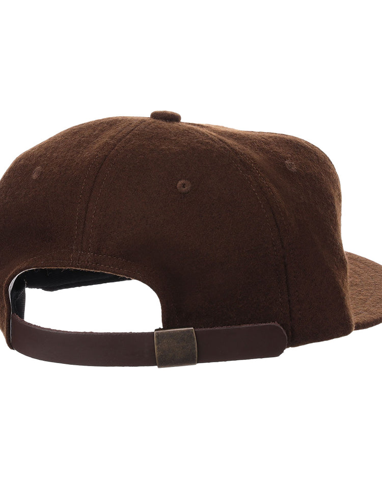 The EFF Salt Lake Bees Vintage Inspired Ballcap in brown features wool fabric and a leather strap with metal buckle for size adjustment, shown from the back.