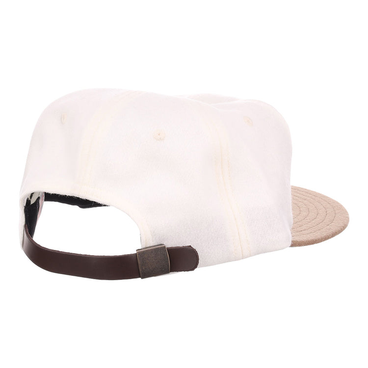 The EFF Tokyo Kyojin (Giants) Vintage Inspired Ballcap in cream has a beige brim and a dark brown adjustable strap with metal buckle, shown from the back on a plain white background—ideal for any Giants fan.