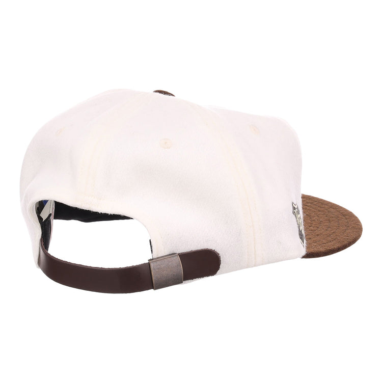 The EFF Los Angeles Monarchs Vintage Inspired Ballcap features white wool, a brown textured brim, and an adjustable brown strap with a metal buckle at the back—offering a classic look reminiscent of vintage LA hats.