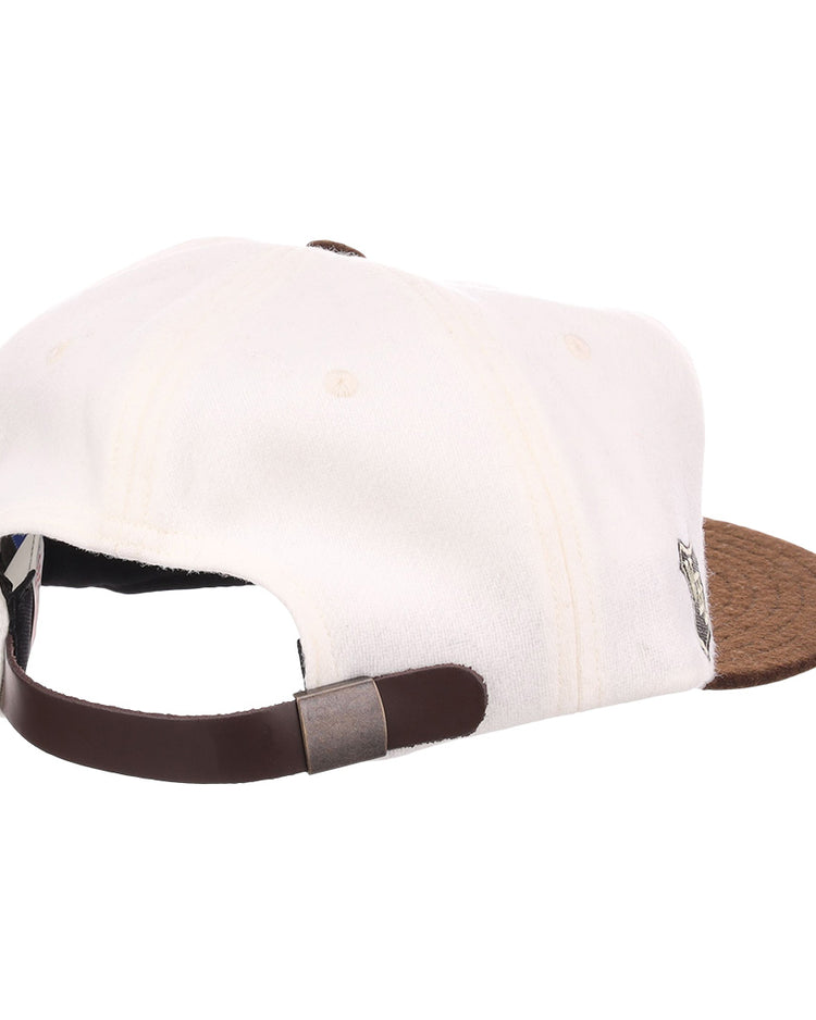 The EFF Los Angeles Monarchs Vintage Inspired Ballcap features white wool, a brown textured brim, and an adjustable brown strap with a metal buckle at the back—offering a classic look reminiscent of vintage LA hats.