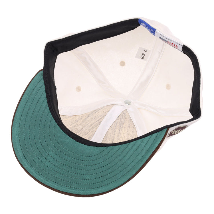 The image shows the inside of an EFF Los Angeles Monarchs Vintage Inspired Ballcap featuring a green undervisor, black sweatband, and size label (7 5/8), highlighting its classic wool baseball cap construction.