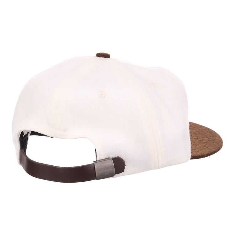 The EFF Chicago Cats Vintage Inspired Ballcap is a white cap with a brown textured brim, shown from the back with an adjustable dark brown strap and silver buckle.