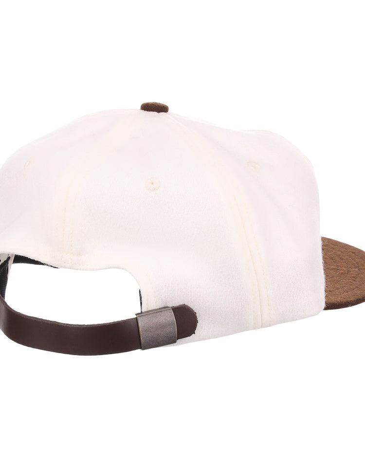 The EFF Chicago Cats Vintage Inspired Ballcap is a white cap with a brown textured brim, shown from the back with an adjustable dark brown strap and silver buckle.