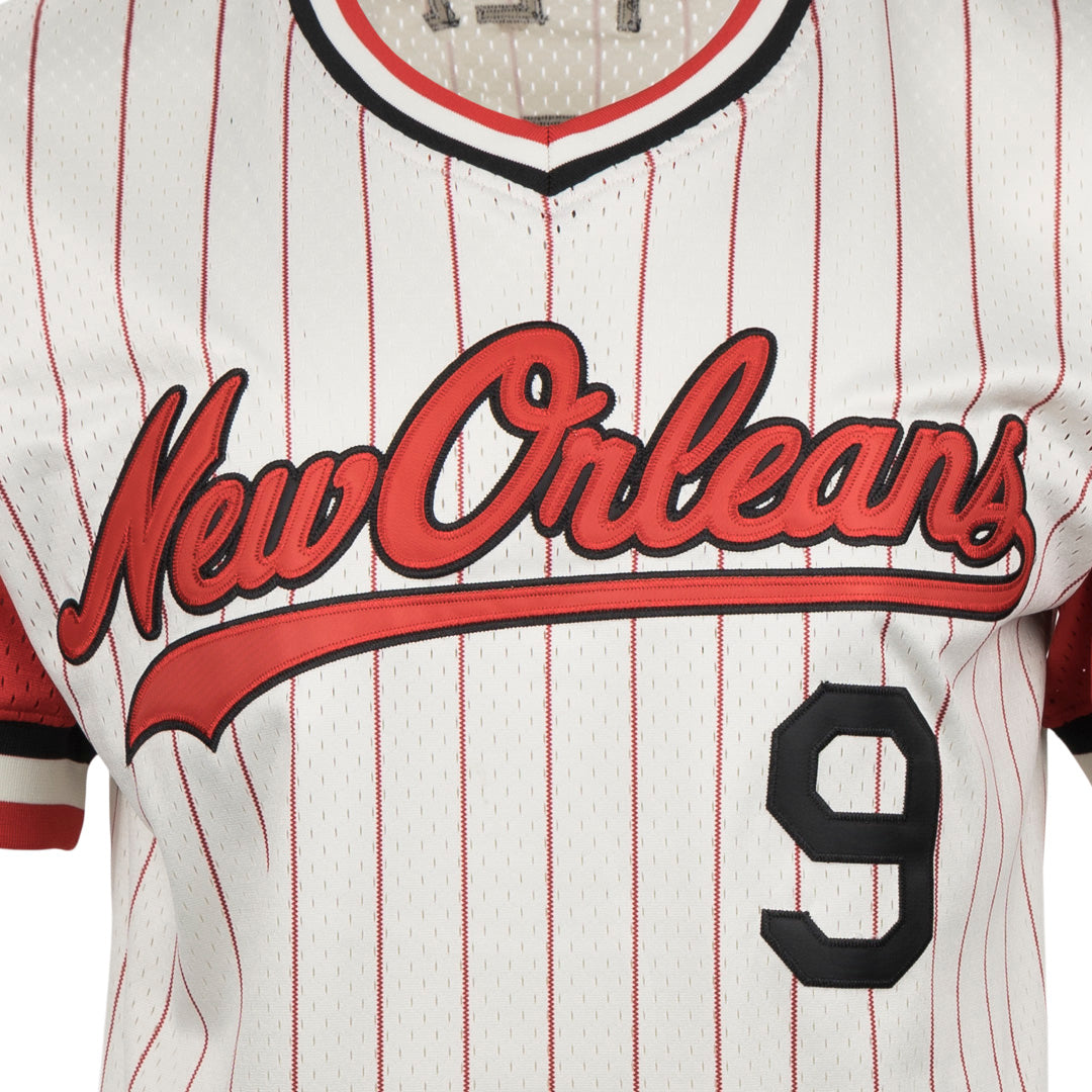 Ebbets Field Flannels New Orleans Black Pelicans Vintage Inspired NL Pinstripe Replica V-Neck Mesh Jersey