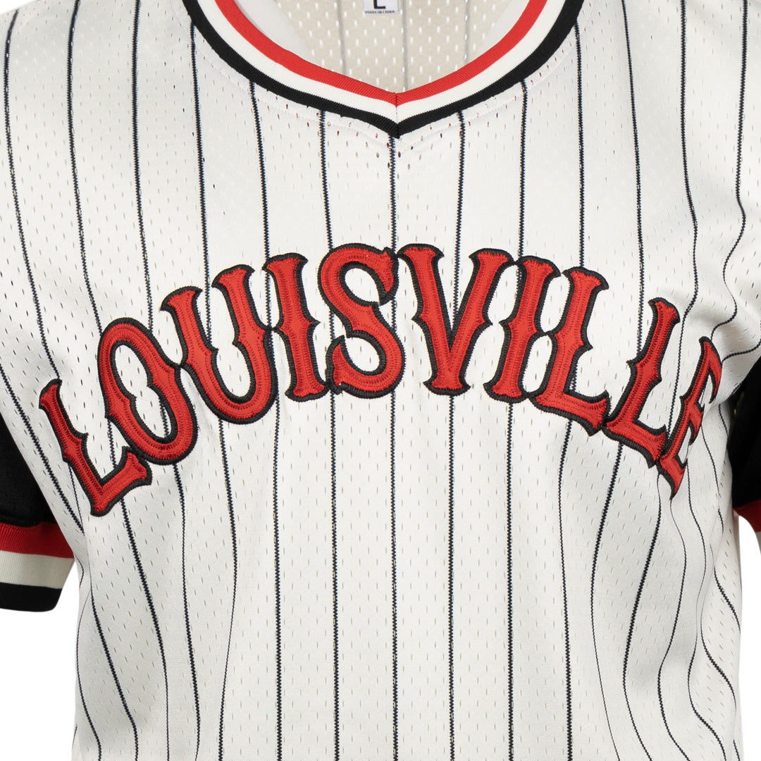 black and white louisville cardinals stripe baseball shirt