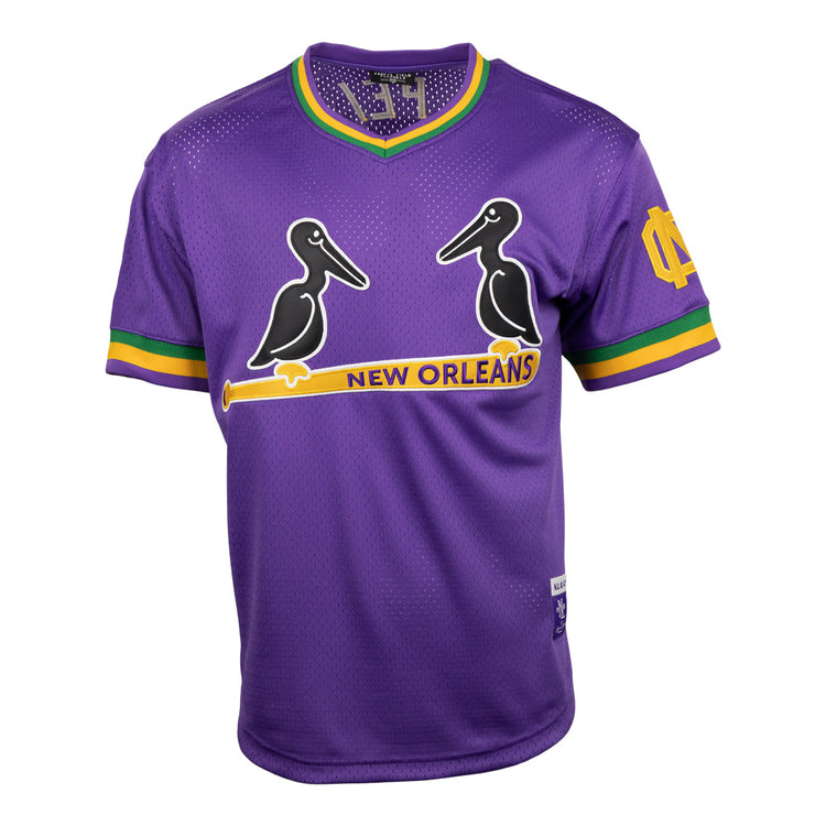 The EFF New Orleans Black Pelicans Vintage Inspired NL Replica V-Neck Mesh Jersey features purple mesh with green and yellow accents, two black pelicans over a yellow bat, NEW ORLEANS text, and a yellow logo on the left sleeve.