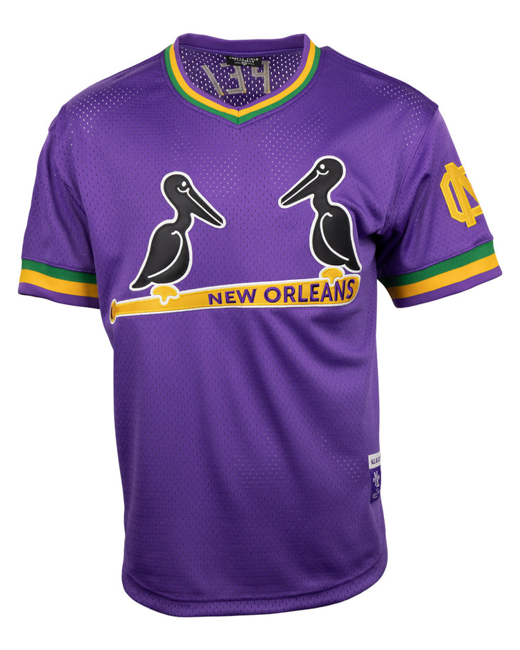 The EFF New Orleans Black Pelicans Vintage Inspired NL Replica V-Neck Mesh Jersey features purple mesh with green and yellow accents, two black pelicans over a yellow bat, NEW ORLEANS text, and a yellow logo on the left sleeve.