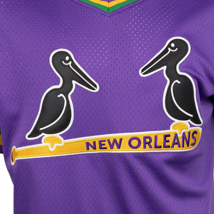 The EFF New Orleans Black Pelicans Vintage Inspired NL Replica V-Neck Mesh Jersey features a purple mesh design with two black and white pelicans on a yellow bat and NEW ORLEANS in yellow and blue, honoring the classic team.
