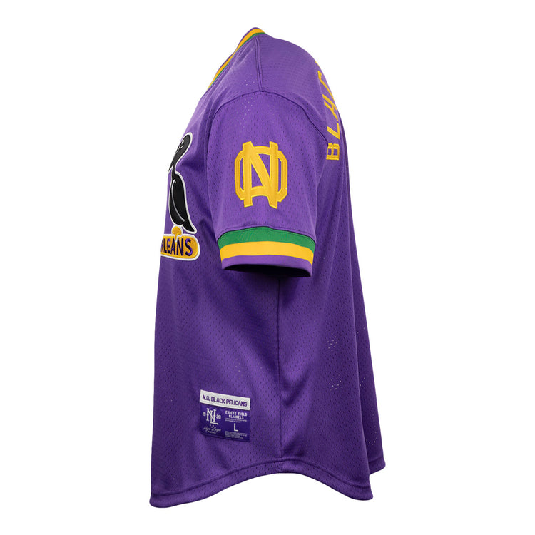 The EFF New Orleans Black Pelicans Vintage Inspired NL Replica V-Neck Mesh Jersey is purple mesh with green-yellow trim, a penguin graphic, Orleans, yellow sleeve logo, and BLK FLCLNS on the back—honoring the historic team.