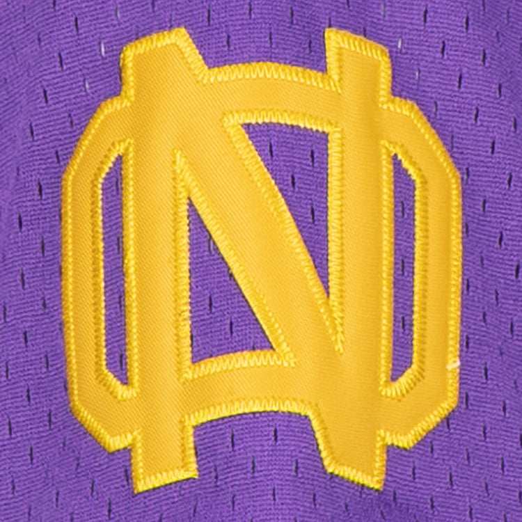 Gold interlocking ND letters logo embroidered on purple mesh, inspired by vintage New Orleans Black Pelicans jerseys. Product: New Orleans Black Pelicans Vintage Inspired NL Replica V-Neck Mesh Jersey by EFF.