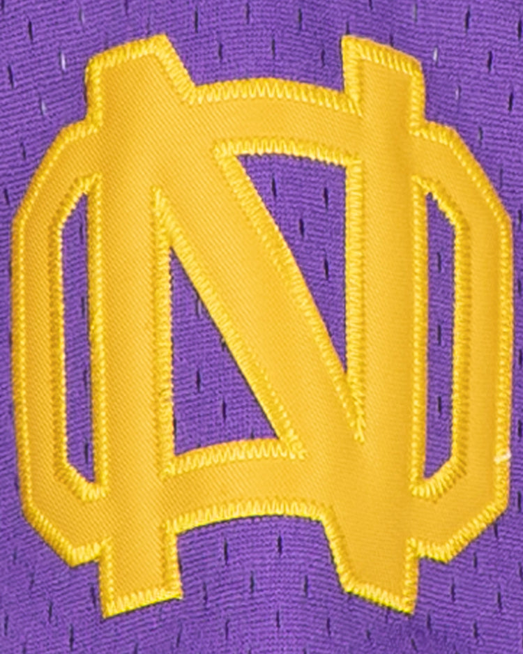 Gold interlocking ND letters logo embroidered on purple mesh, inspired by vintage New Orleans Black Pelicans jerseys. Product: New Orleans Black Pelicans Vintage Inspired NL Replica V-Neck Mesh Jersey by EFF.