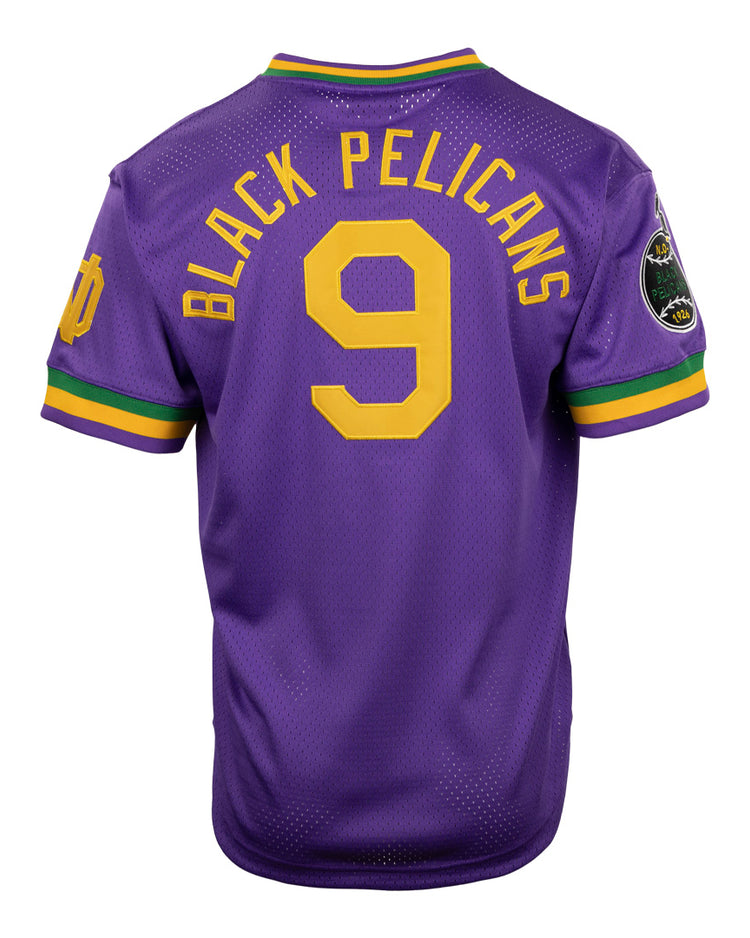 The EFF New Orleans Black Pelicans Vintage Inspired NL Replica V-Neck Mesh Jersey is purple with yellow trim, features BLACK PELICANS and a yellow number 9 on the back, green/gold stripes, and a team patch on the left sleeve.