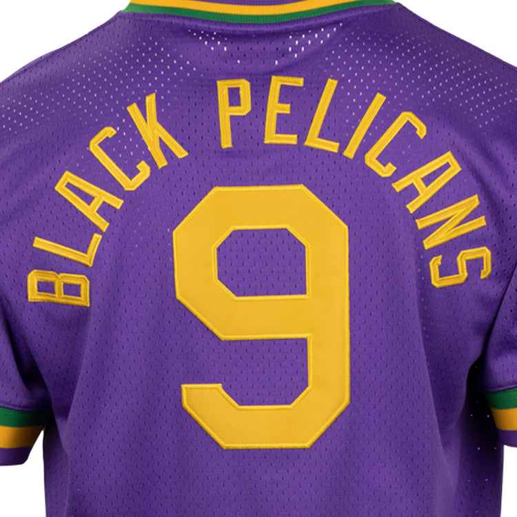 The EFF New Orleans Black Pelicans Vintage Inspired NL Replica V-Neck Mesh Jersey features purple mesh, yellow BLACK PELICANS lettering and number 9 on back, plus green, yellow, and purple striped collar.