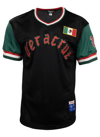 The EFF Veracruz Azules Vintage Inspired Replica V-Neck Mesh Jersey features black mesh, green sleeves, “Veracruz” in red and green across the chest, a Mexican flag patch, and red-white-green trim—perfect for Mexican League fans.