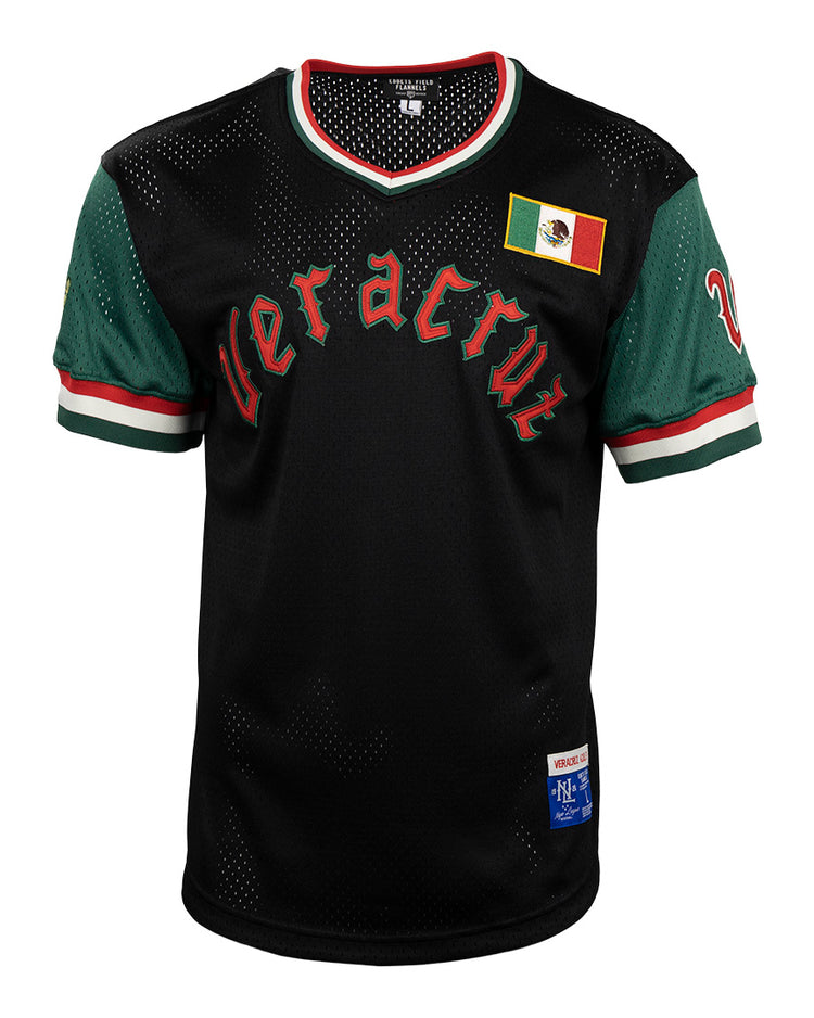 The EFF Veracruz Azules Vintage Inspired Replica V-Neck Mesh Jersey features black mesh, green sleeves, “Veracruz” in red and green across the chest, a Mexican flag patch, and red-white-green trim—perfect for Mexican League fans.
