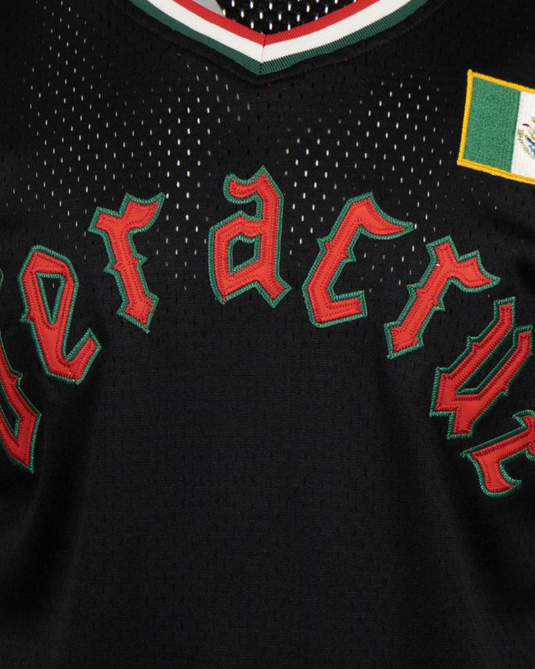 The EFF Veracruz Azules Vintage Inspired Replica V-Neck Mesh Jersey features bold Veracruz lettering in red and green, plus a small Mexican flag patch on the right shoulder—a tribute to the Mexican League’s rich legacy.