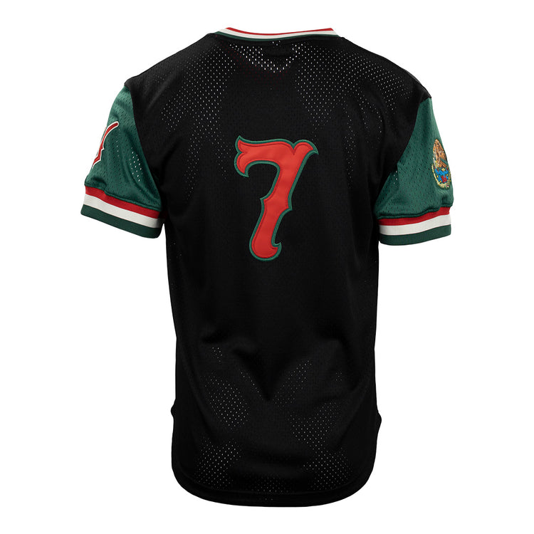 The EFF Veracruz Azules Vintage Inspired Replica V-Neck Mesh Jersey features black mesh, green sleeves, red and white trim, a bold red number 7 on the back, and a colorful Mexican League patch on the left sleeve.
