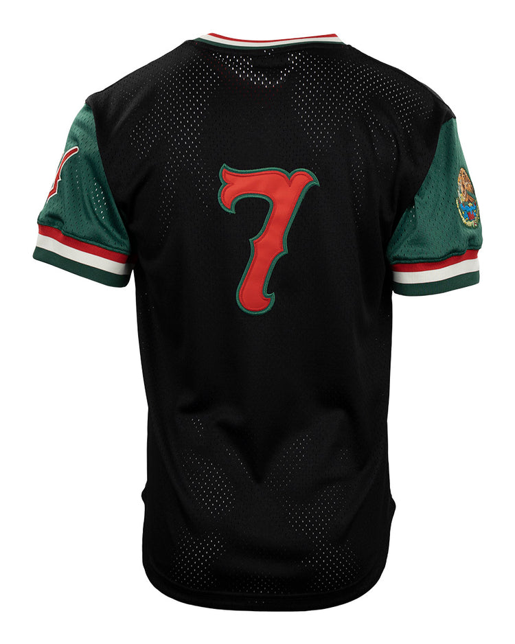 The EFF Veracruz Azules Vintage Inspired Replica V-Neck Mesh Jersey features black mesh, green sleeves, red and white trim, a bold red number 7 on the back, and a colorful Mexican League patch on the left sleeve.