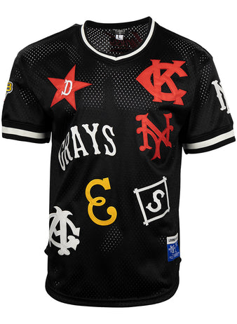 The EFF Negro League Allover Vintage Inspired NL Replica V-Neck Mesh Jersey in black features colorful vintage baseball team logos, including Negro League designs, with red, white, and yellow lettering plus white trim.