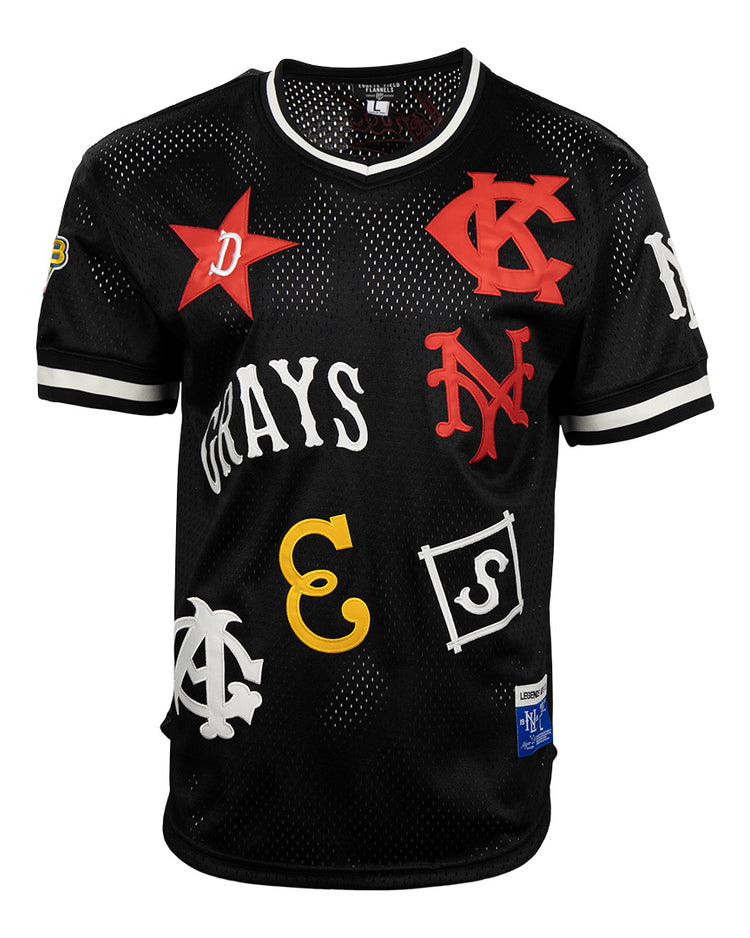 The EFF Negro League Allover Vintage Inspired NL Replica V-Neck Mesh Jersey in black features colorful vintage baseball team logos, including Negro League designs, with red, white, and yellow lettering plus white trim.