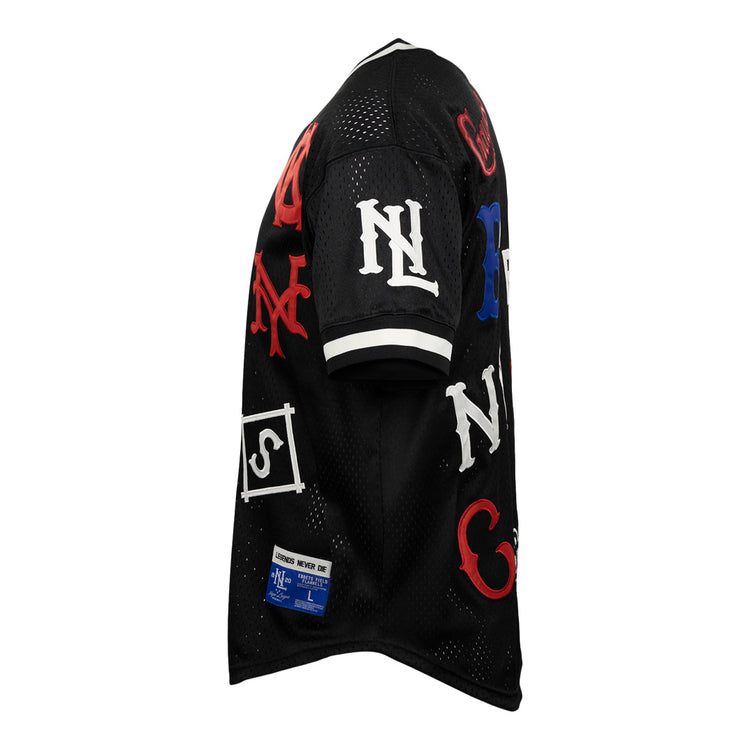 The EFF Negro League Allover Vintage Inspired NL Replica V-Neck Mesh Jersey in black features white trim and colorful embroidered logos on the sleeves and front, photographed from the side against a white background.