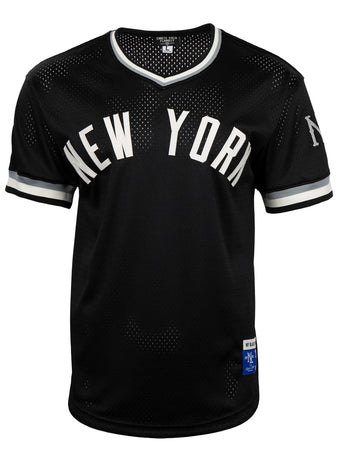 The EFF New York Black Yankees Vintage Inspired NL Replica V-Neck Mesh Jersey in black features white trim, bold NEW YORK lettering on the chest, and a small NY logo on the left sleeve, honoring the Negro National League teams legacy.