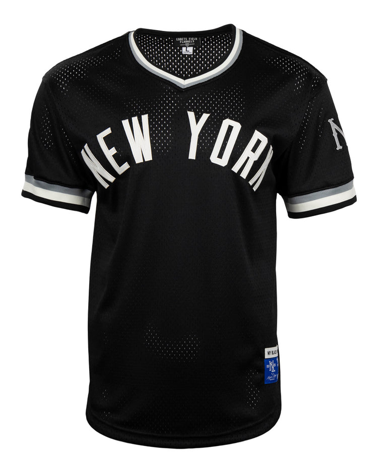 The EFF New York Black Yankees Vintage Inspired NL Replica V-Neck Mesh Jersey in black features white trim, bold NEW YORK lettering on the chest, and a small NY logo on the left sleeve, honoring the Negro National League teams legacy.