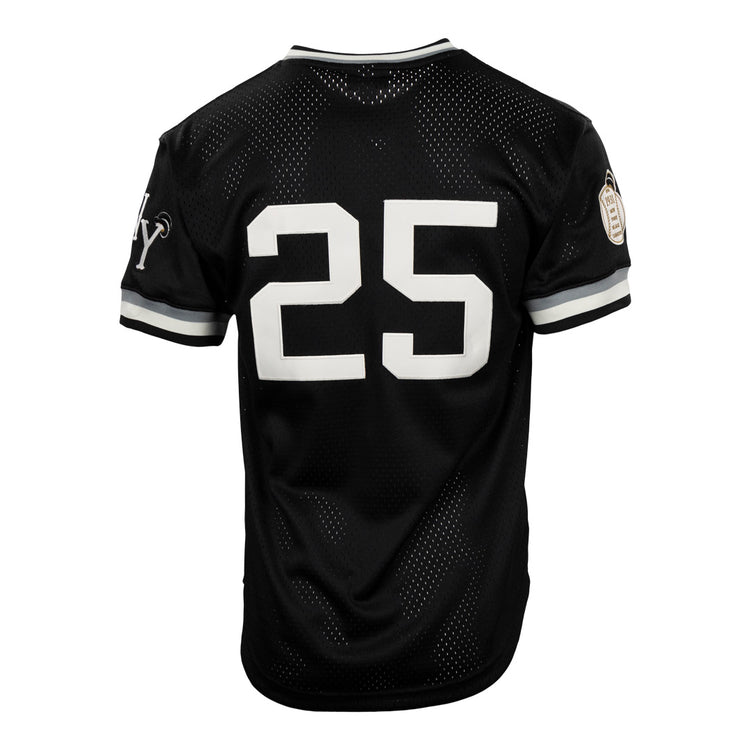 The EFF New York Black Yankees Vintage Inspired NL Replica V-Neck Mesh Jersey in black features white trim, large white 25 on the back, sleeve patches, and perforated mesh fabric for breathability.