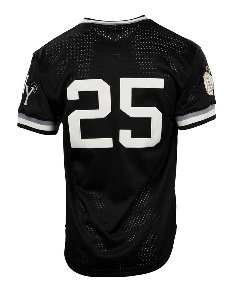 The EFF New York Black Yankees Vintage Inspired NL Replica V-Neck Mesh Jersey in black features white trim, large white 25 on the back, sleeve patches, and perforated mesh fabric for breathability.