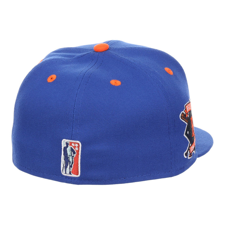The EFF Brooklyn Royal Giants NLB Flip Fitted Ballcap features royal blue fabric with orange accents, a black and orange 3D side patch, and a small rectangular baseball player logo on the back. Shown from back and side angles.