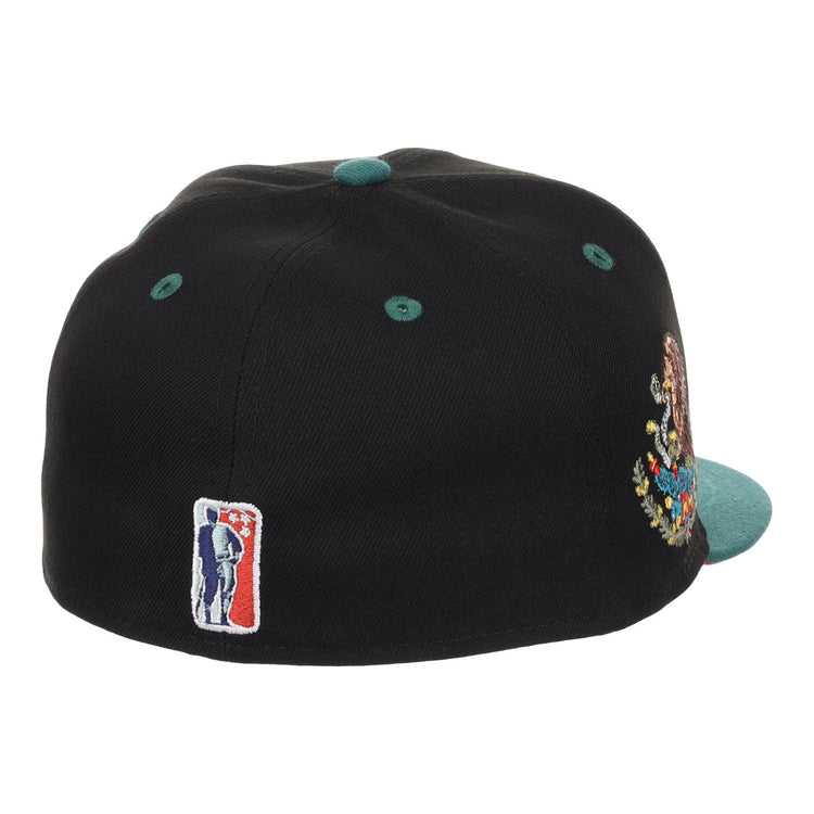 The EFF Veracruz Azules NLB Flip Fitted Ballcap is a vintage-inspired black cap with teal button, eyelets, and brim, plus white, red, and blue batter patch embroidery on the back for Mexican League style.
