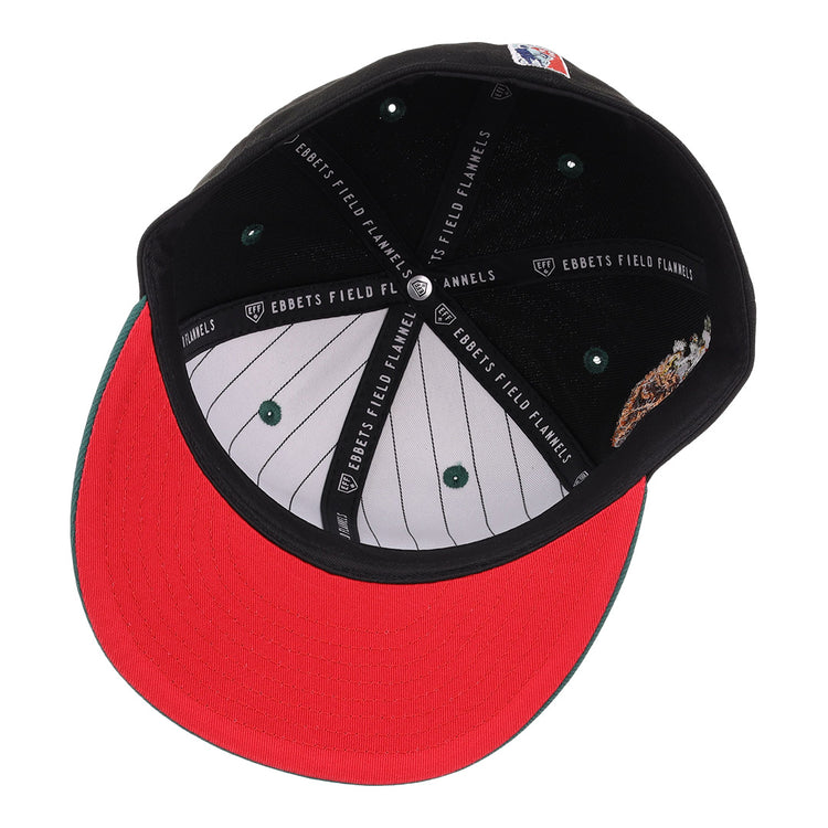 The Veracruz Azules NLB Flip Fitted Ballcap by EFF is shown from below, featuring a red brim, black sweatband with EBBETS FIELD FLANNELS text, green button accents, and white pinstripe lining—a nod to Veracruz and the Mexican League.