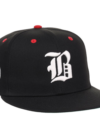 The EFF Birmingham Black Barons NLB Flip Fitted Ballcap is a black cap with a white gothic B, red top button and eyelets, plus a circular patch honoring the Negro National League and Birmingham Black Barons, featuring 1920.
