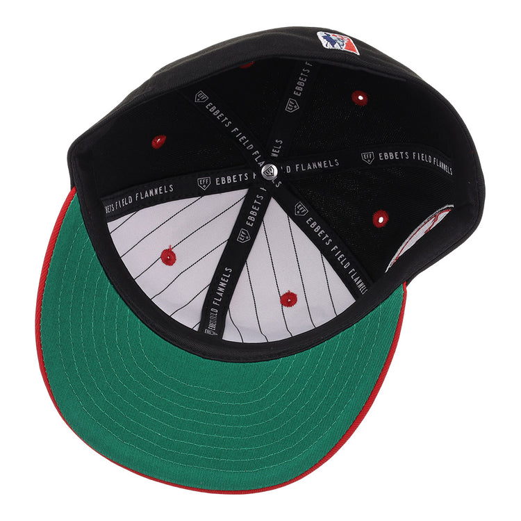 The Baltimore Elite Giants NLB Flip Fitted Ballcap by EFF has a green underbrim, red stitching, white pinstriped lining, and EBBETS FIELD FLANNELS printed along black inner seams for a classic vintage look.