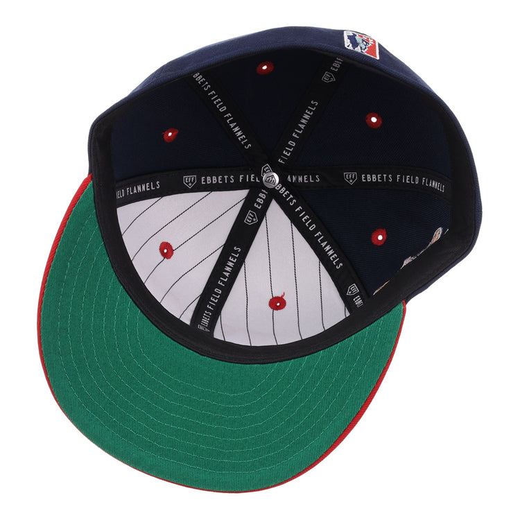The underside of this EFF Detroit Stars NLB Flip Fitted Ballcap features a green brim, striped and dotted lining, black bands labeled EBBETS FIELD FLANNELS, and a patch on the inner headband.