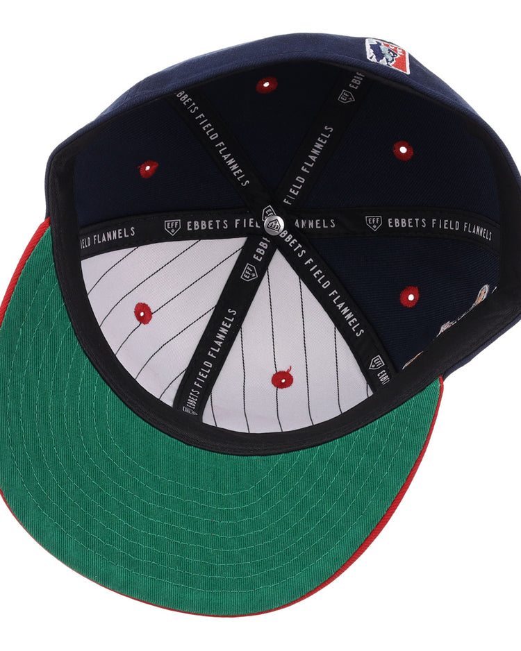 The underside of this EFF Detroit Stars NLB Flip Fitted Ballcap features a green brim, striped and dotted lining, black bands labeled EBBETS FIELD FLANNELS, and a patch on the inner headband.