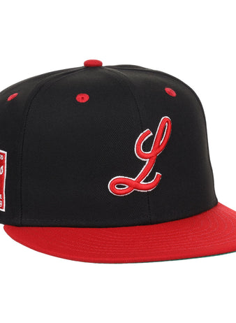 The EFF Louisville Black Caps NLB Flip Fitted Ballcap is a vintage-inspired black hat featuring a red brim and button, white and red script L, and a Louisville Slugger patch—honoring the Negro National League team.