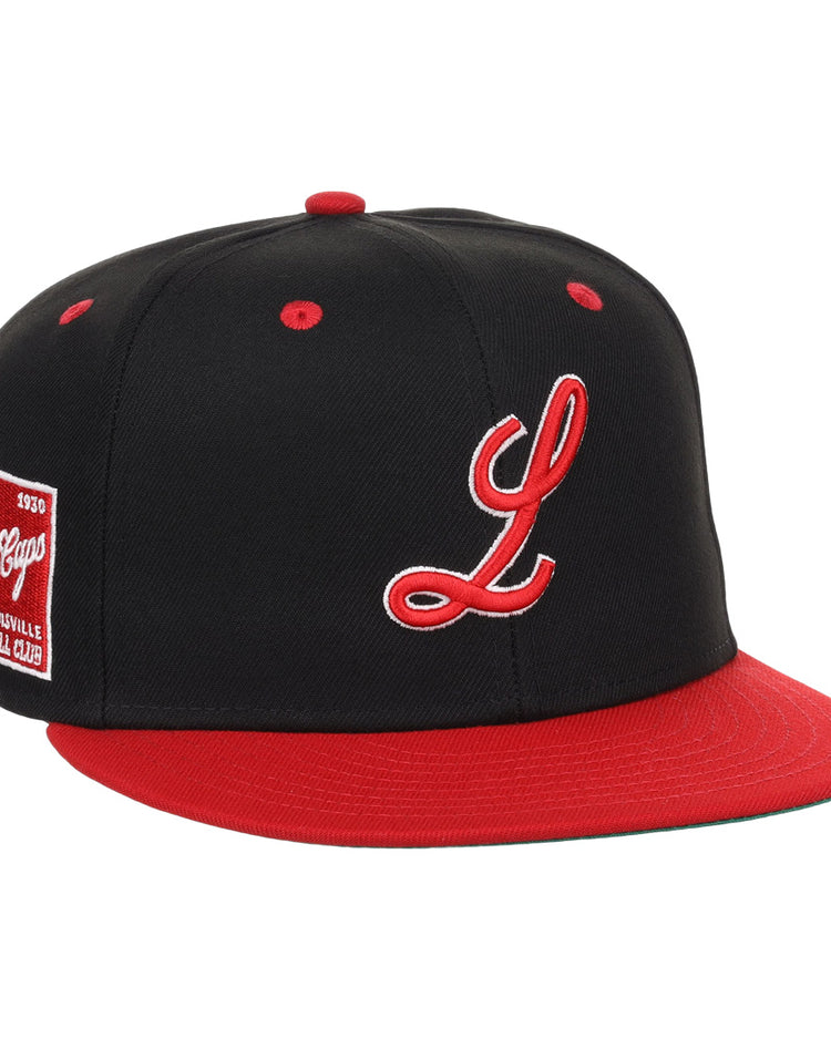 The EFF Louisville Black Caps NLB Flip Fitted Ballcap is a vintage-inspired black hat featuring a red brim and button, white and red script L, and a Louisville Slugger patch—honoring the Negro National League team.