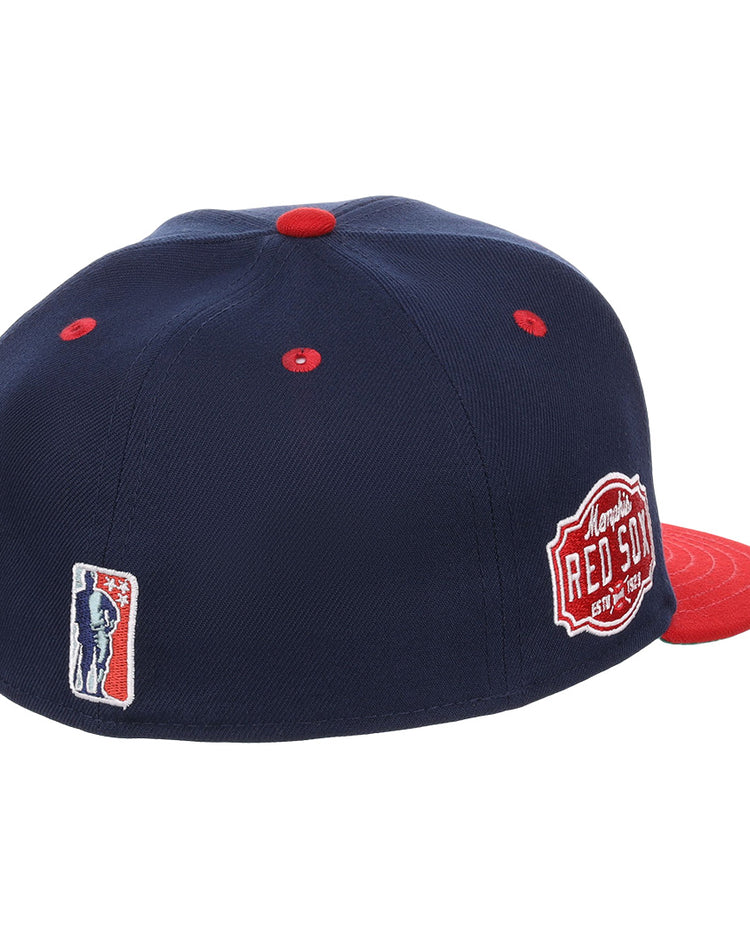 The EFF Memphis Red Sox NLB Flip Fitted Ballcap is navy with a red brim, features a side patch honoring the Negro American League, and has a batter logo on the back.
