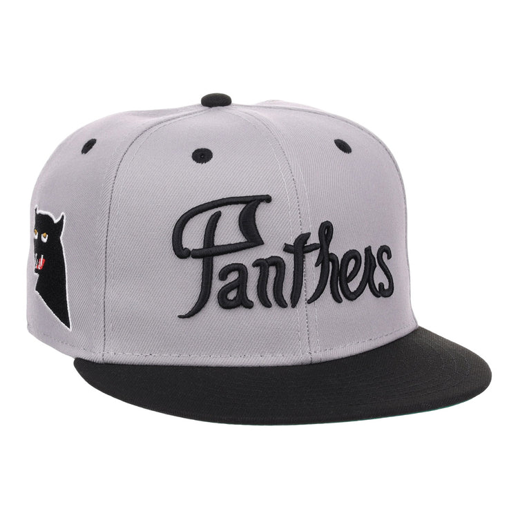 The EFF Montreal Black Panthers NLB Flip Fitted Ballcap in gray features a black brim, bold embroidered Panthers text up front, and a detailed black panther head on the side for a vintage-inspired look.