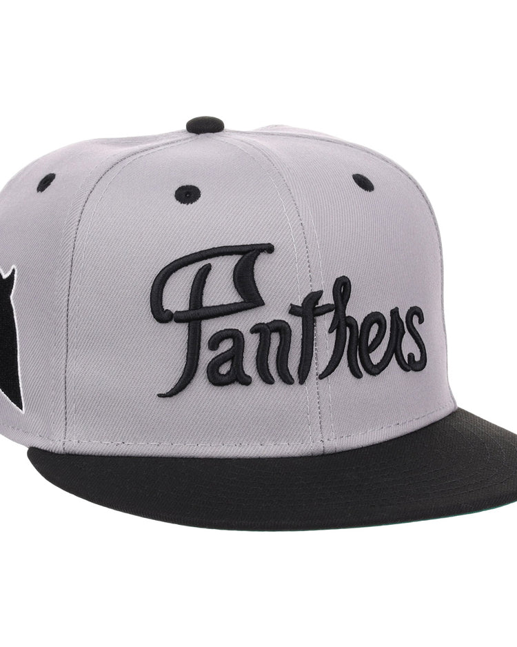 The EFF Montreal Black Panthers NLB Flip Fitted Ballcap in gray features a black brim, bold embroidered Panthers text up front, and a detailed black panther head on the side for a vintage-inspired look.