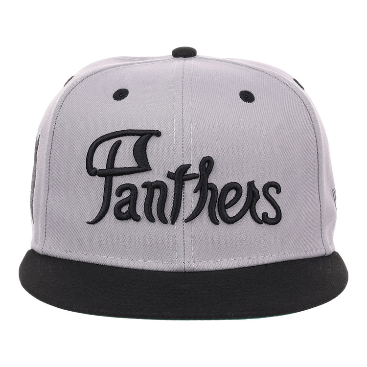 The EFF Montreal Black Panthers NLB Flip Fitted Ballcap in gray features bold black Panthers embroidery on the front, blending vintage style with modern design.