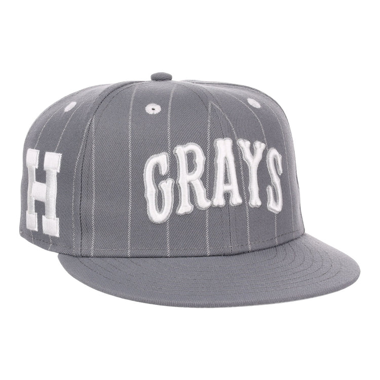 The EFF Homestead Grays NLB Black Pinstripe Fitted Ballcap features thin white stripes, bold GRAYS embroidery on the front, and a white H on the side, honoring the legendary Negro National League team.