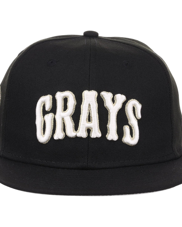 The EFF Homestead Grays Josh Gibson Fitted Ballcap in black features bold white embroidered GRAYS lettering on the front, inspired by the classic Negro Leagues design.