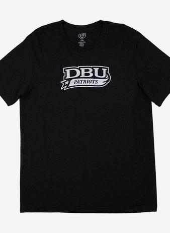 The EFF Dallas Baptist University T-Shirt is a black unisex short-sleeve tee featuring DBU PATRIOTS in bold white letters across the chest. Ideal for fans, its shown laid flat on a white background.