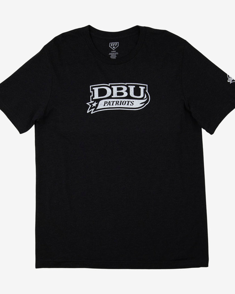 The EFF Dallas Baptist University T-Shirt is a black unisex short-sleeve tee featuring DBU PATRIOTS in bold white letters across the chest. Ideal for fans, its shown laid flat on a white background.